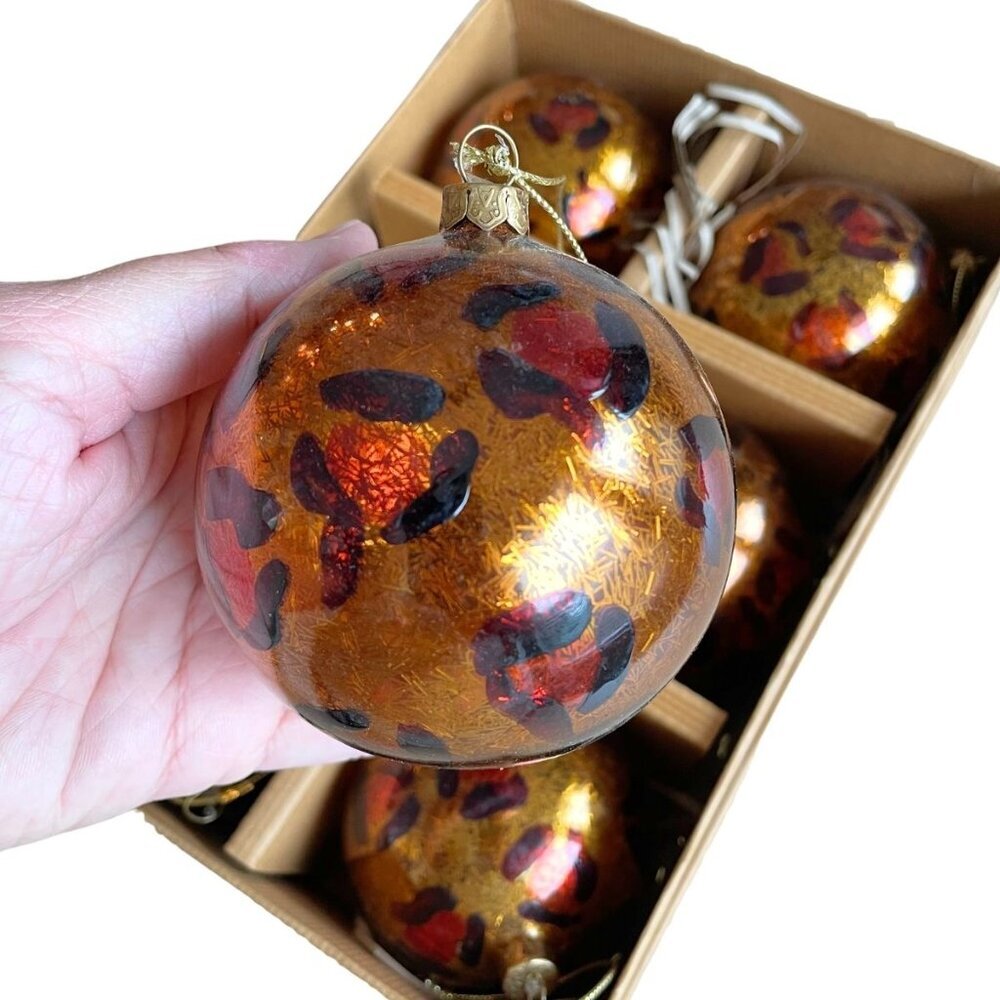 Pottery Barn Set of 6 Mercury Glass Animal Leopard Print Christmas Ball Ornament